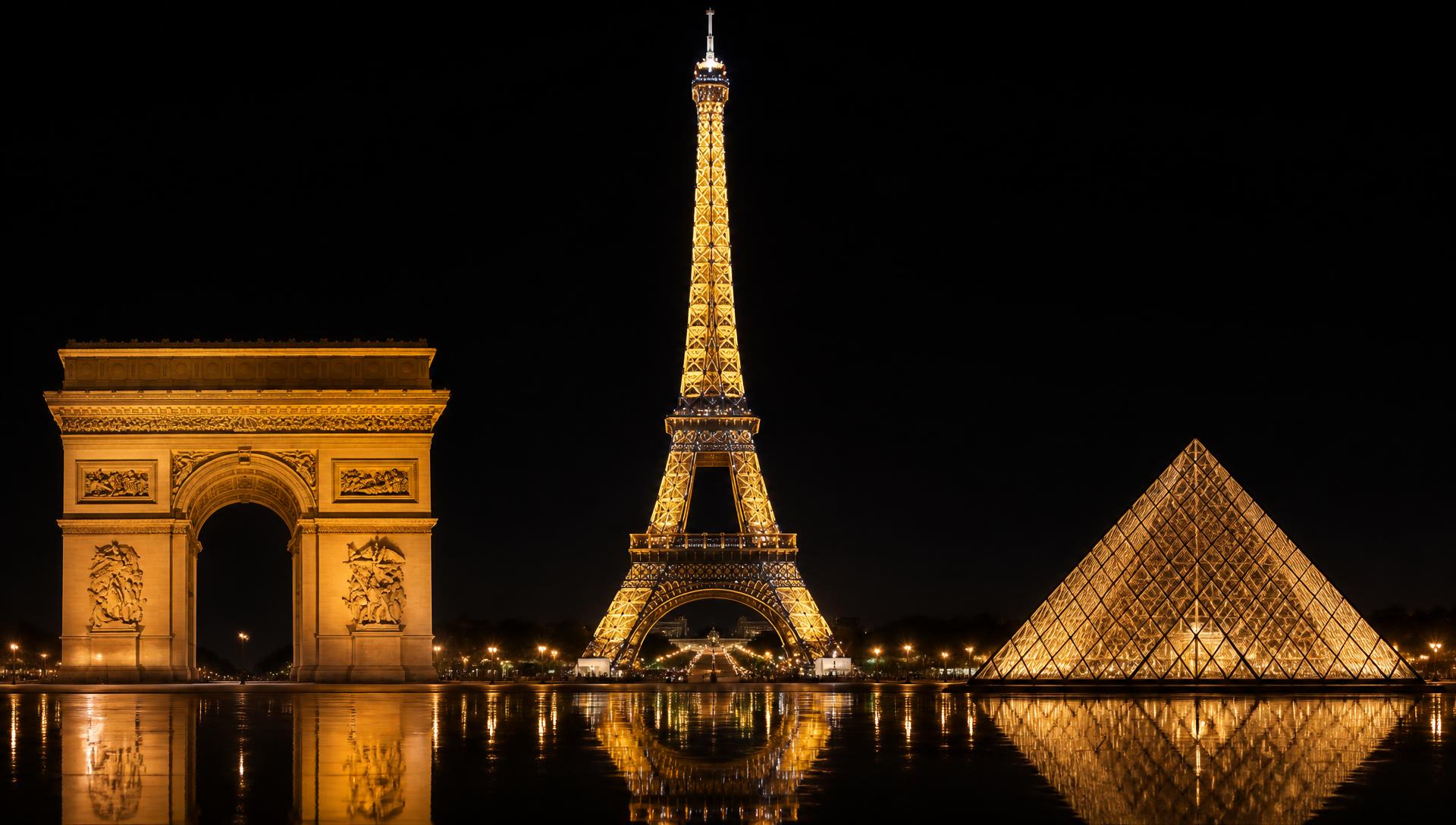 Arc de Triomphe, Tour Eiffel et Pyramide du Louvre illuminés la nuit